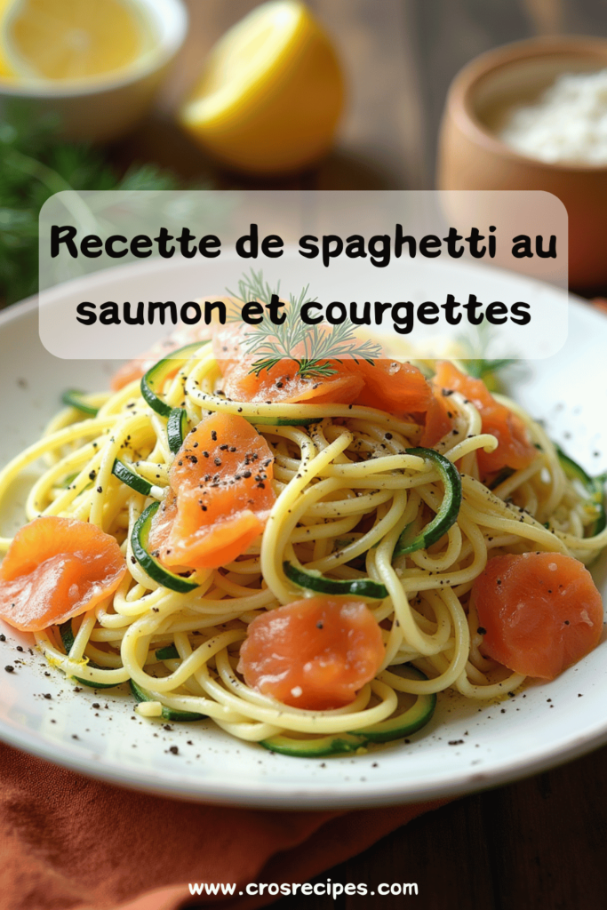 Assiette de spaghetti au saumon fumé et courgettes, parsemée de persil et de zestes de citron frais.