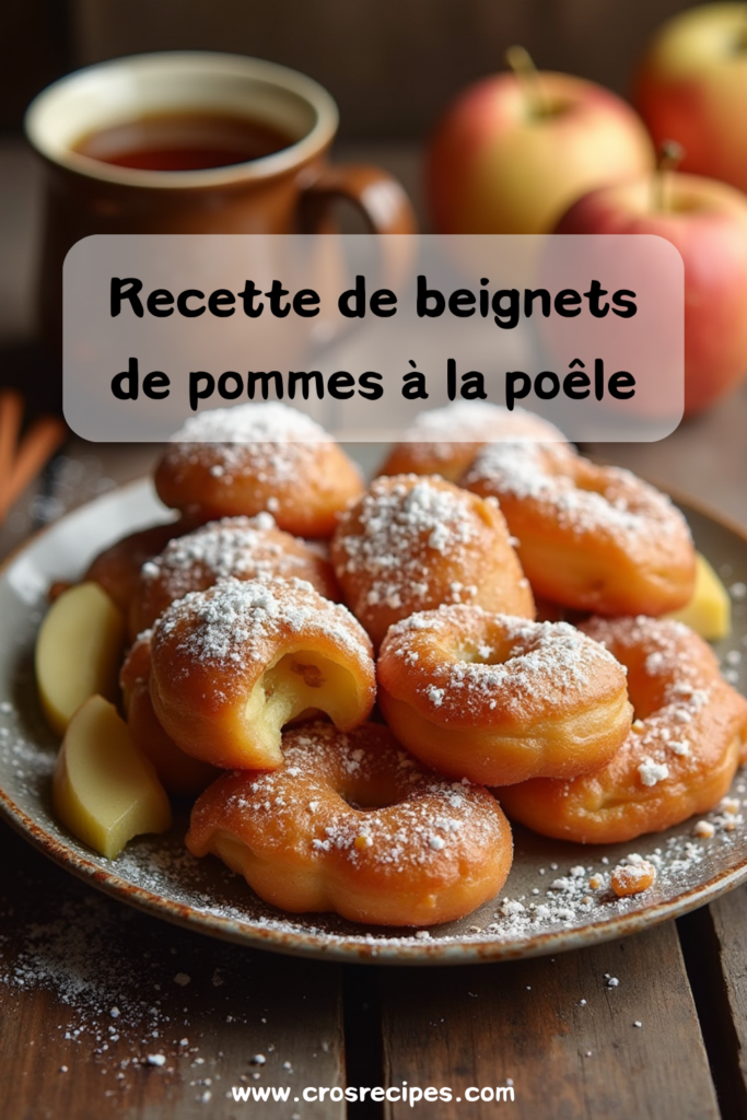 Assiette de beignets de pommes dorés saupoudrés de sucre glace.