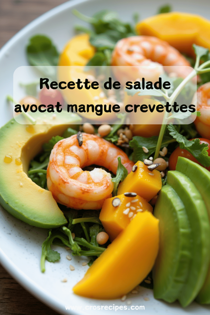 Bol de salade colorée avec avocat, mangue, crevettes et feuilles de coriandre.