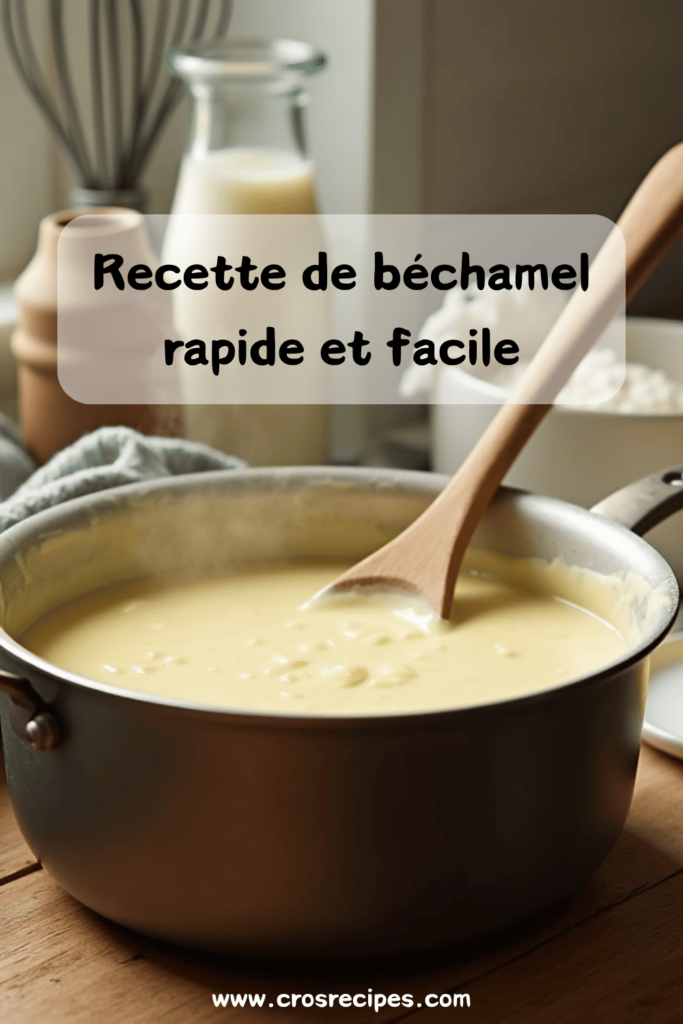 Sauce béchamel onctueuse servie dans une saucière blanche avec une cuillère en bois à côté.