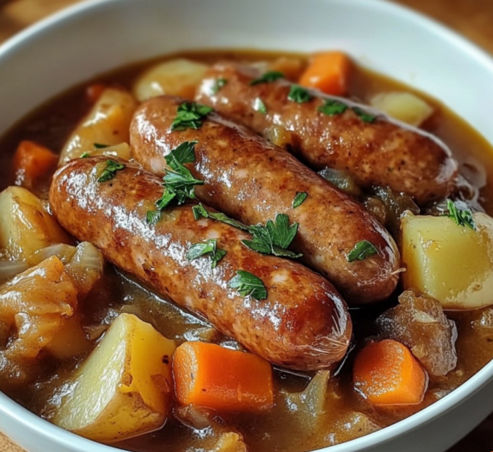 Potée aux saucisses et légumes dans une cocotte fumante, garnie de persil frais, accompagnée de pain rustique.