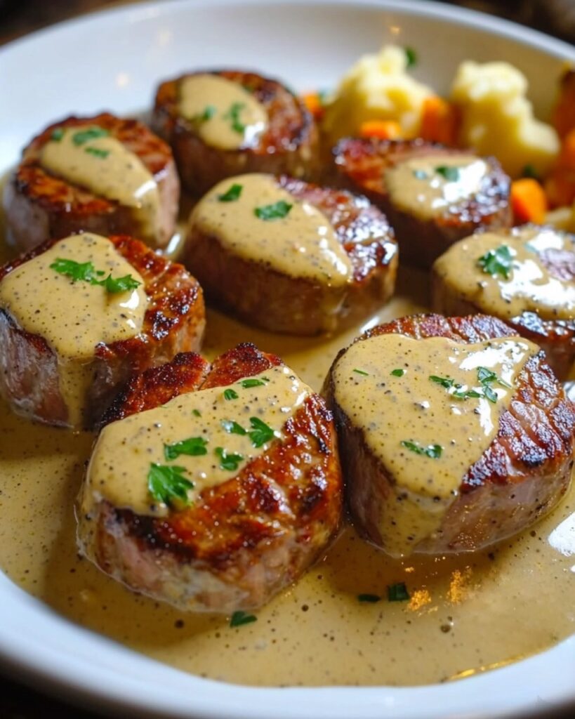 Filet mignon crémeux à la moutarde et au miel servi avec une sauce onctueuse et des légumes de saison.