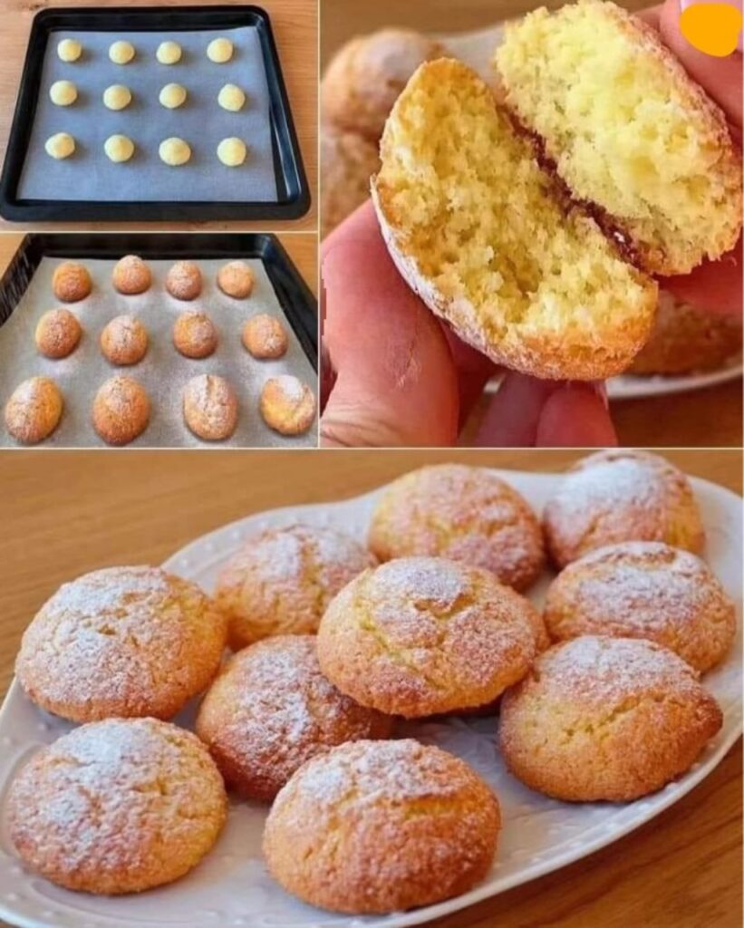 Biscuits à la noix de coco dorés, saupoudrés de sucre glace, sur une assiette.