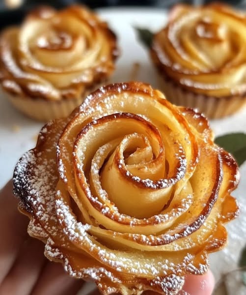 Roses feuilletées aux pommes dorées et saupoudrées de sucre glace, servies dans une assiette élégante.