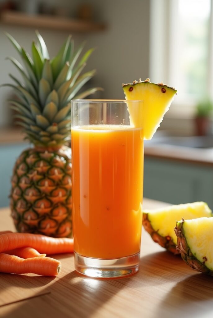 Smoothies carotte ananas dans un verre, décoré avec des morceaux de fruits frais et des glaçons.