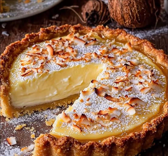 Tarte paradisiaque à la crème coco dorée et décorée de noix de coco râpée, prête à être dégustée.