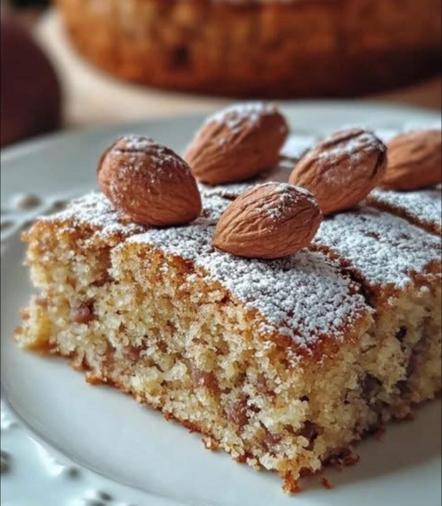 Gâteau aux noisettes moelleux, saupoudré de sucre glace, servi sur une assiette.