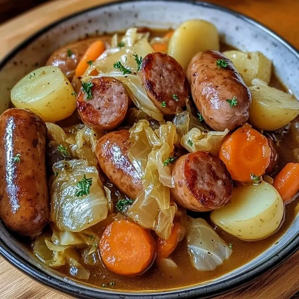 Une potée aux saucisses et légumes servie fumante dans une assiette creuse, garnie de persil frais.