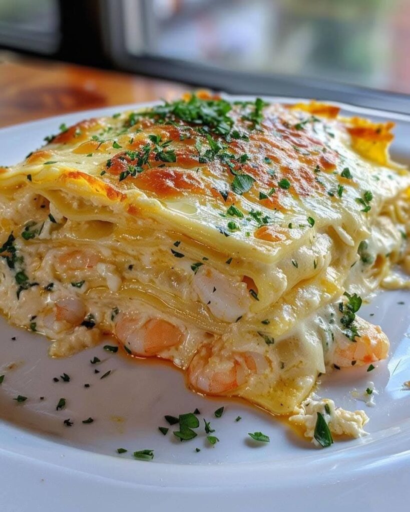 Une assiette de lasagnes au scampi de crevettes, nappée de sauce crémeuse, avec une garniture dorée et appétissante.