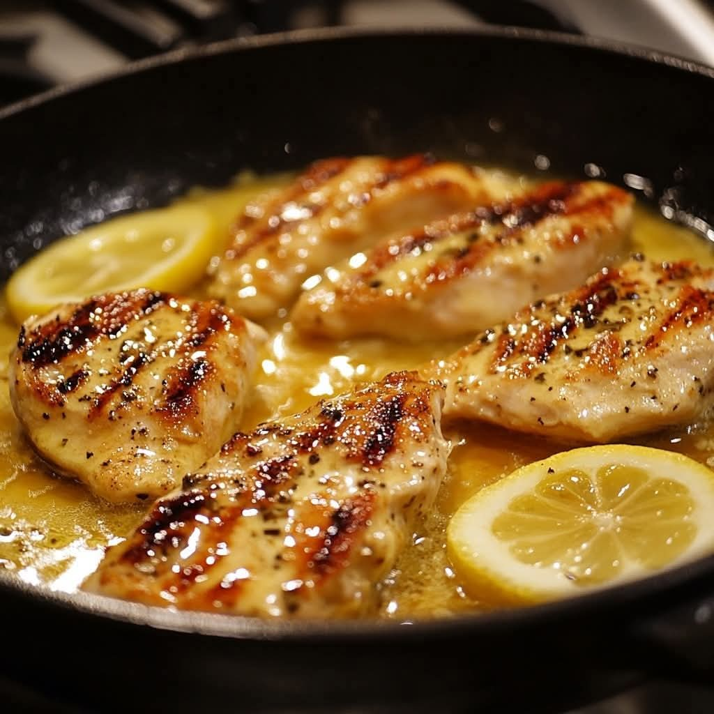 escalopes de poulet grillées à la sauce au citron, un plat léger et savoureux parfait pour un dîner équilibré.