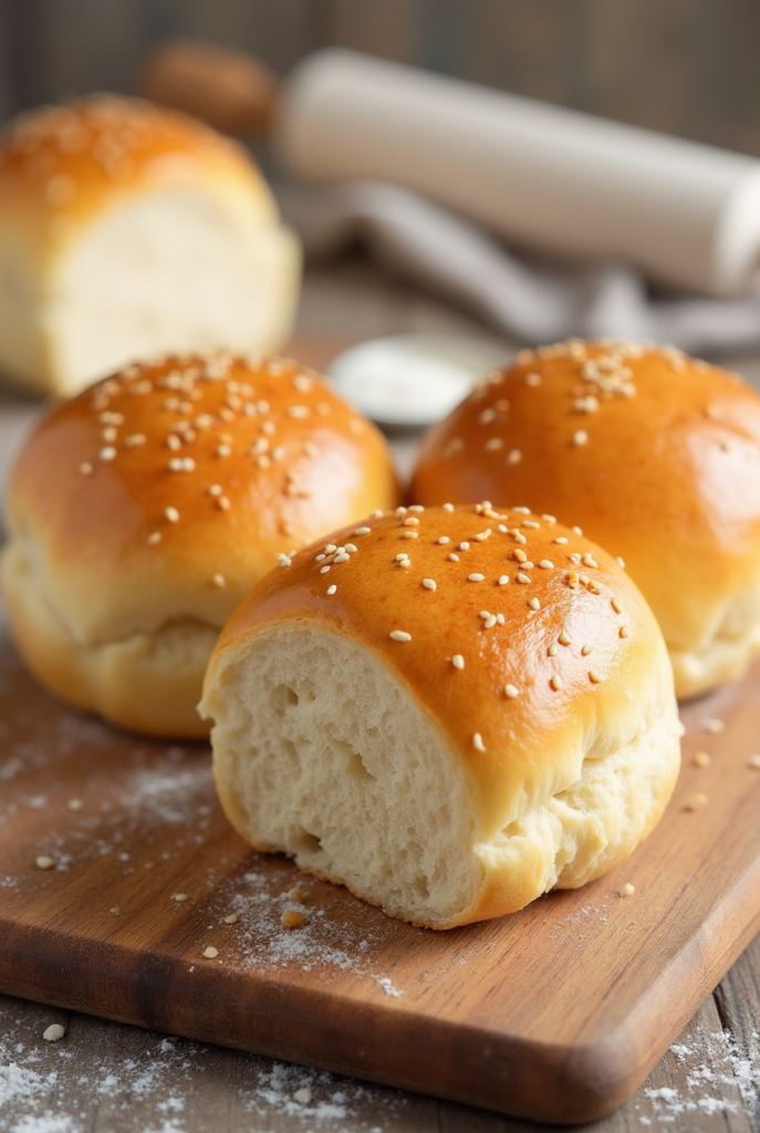 Pains pour burger dorés et saupoudrés de graines de sésame, prêts à être garnis pour un repas fait maison.