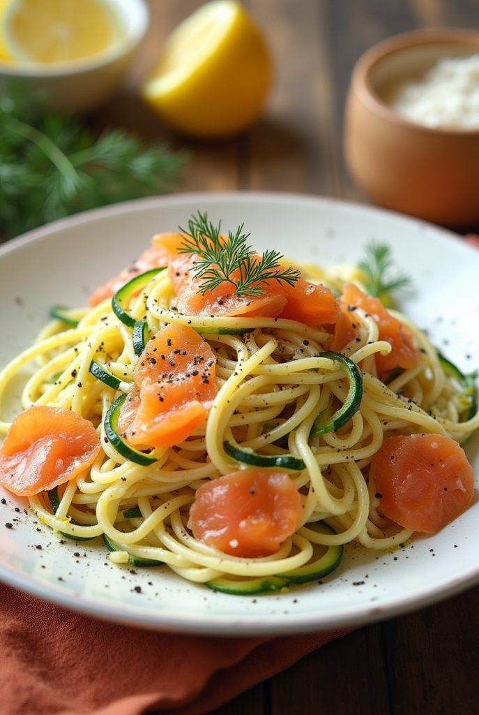 Assiette de spaghetti au saumon fumé et courgettes, parsemée de persil et de zestes de citron frais.
