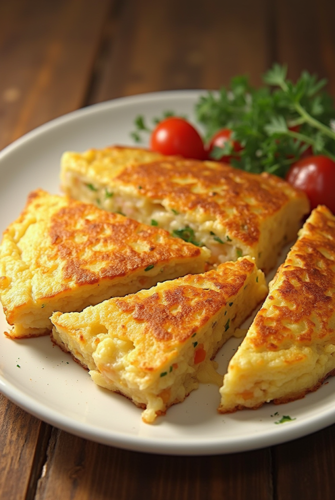 Tortilla espagnole dorée et fondante, servie sur une assiette avec une touche d’huile d’olive.