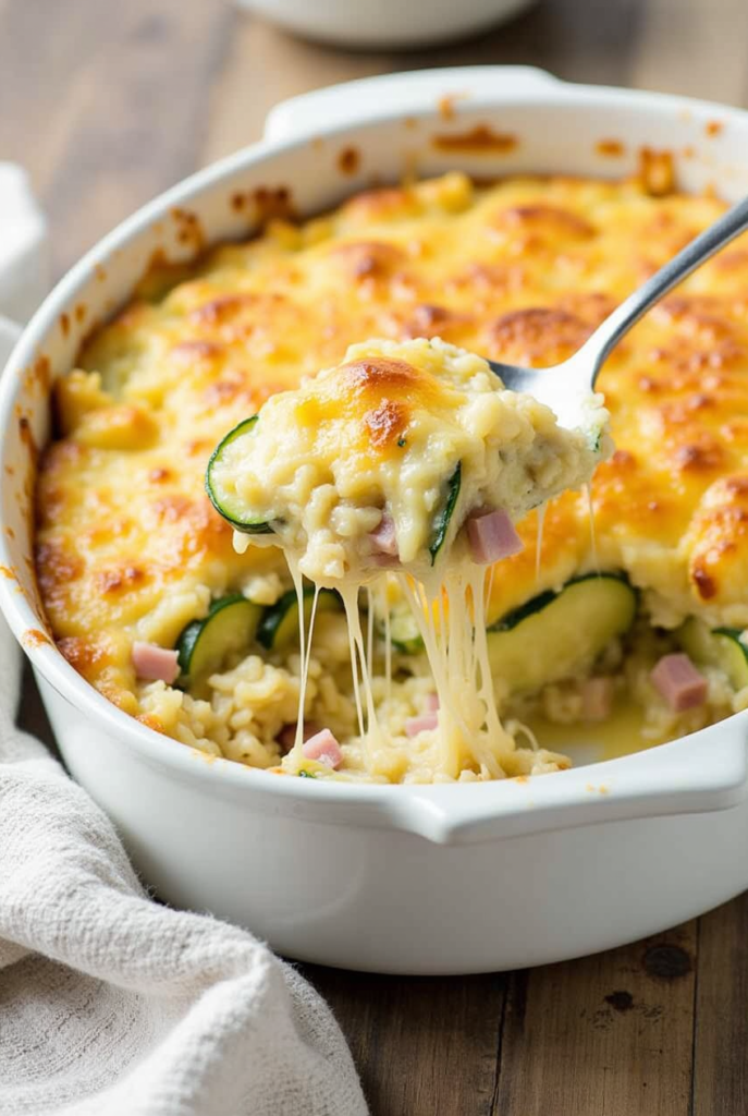 Gratin de courgettes, jambon et riz, bien doré au four, avec du fromage gratiné et une portion servie sur une assiette accompagnée de salade verte.
