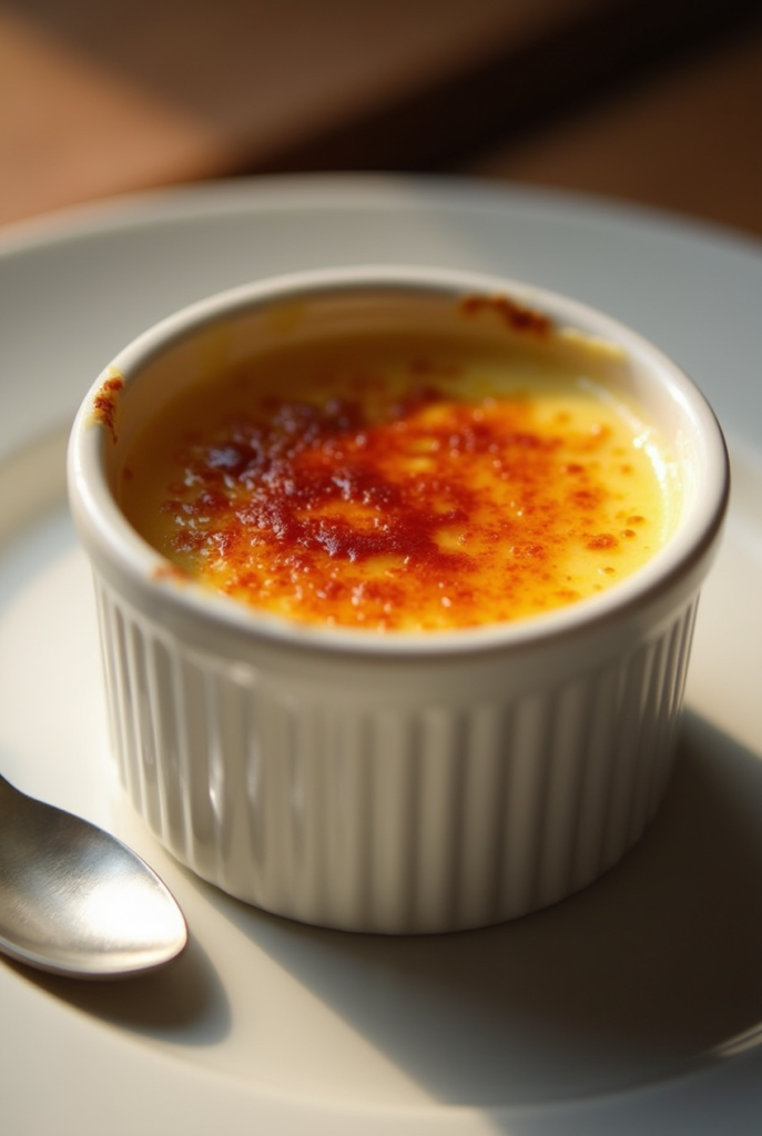 Crème brûlée maison servie dans un ramequin, avec une couche de caramel doré et craquant, accompagnée de fruits rouges.