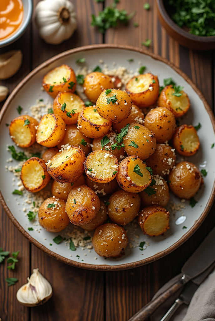 Pommes de terre à l'ail et au parmesan dorées et garnies de persil frais.