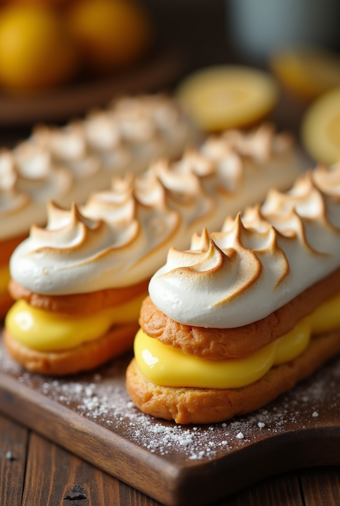 Éclairs au citron meringué décorés avec une meringue dorée et zestes de citron vert.