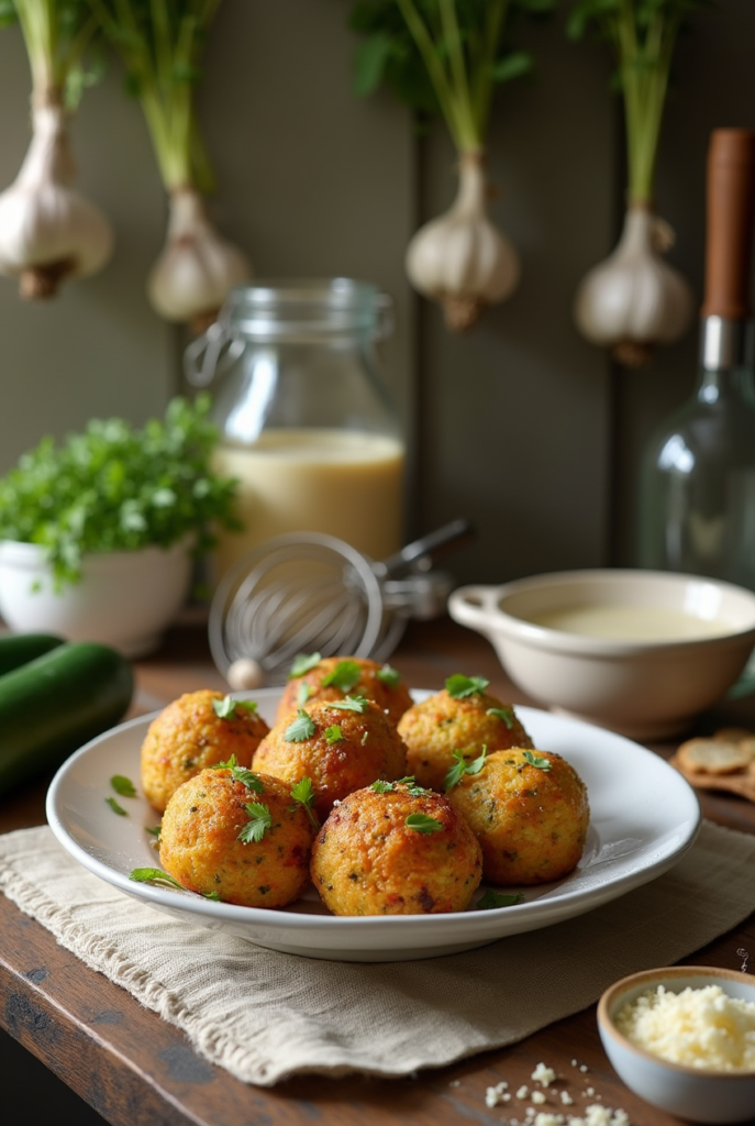 Boulettes de courgettes au four dorées et croustillantes sur une plaque de cuisson.