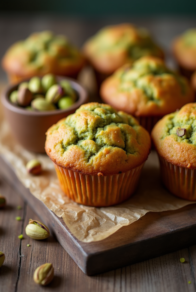 Muffins croquants à la pistache dorés, garnis de pistaches hachées et de sucre croquant sur le dessus.