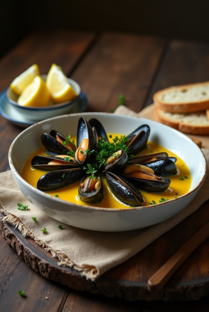 Mouclade charentaise aux moules nappées d’une sauce crémeuse au curry