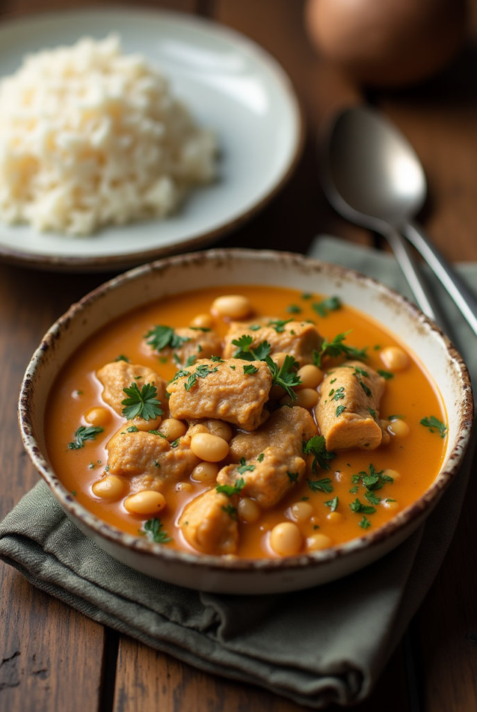 Ragoût de haricots blancs et poulet servi avec du riz, garni de persil frais.