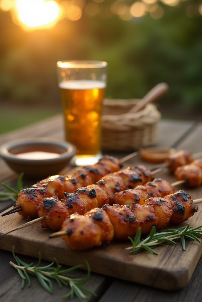 Brochettes de poulet marinées à la bière et au miel grillées avec une garniture de coriandre.