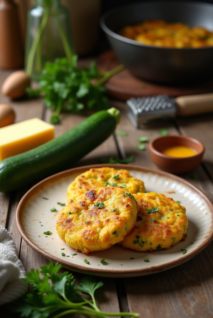 Röstis de courgettes et Cheddar dorés et croustillants dans une poêle.
