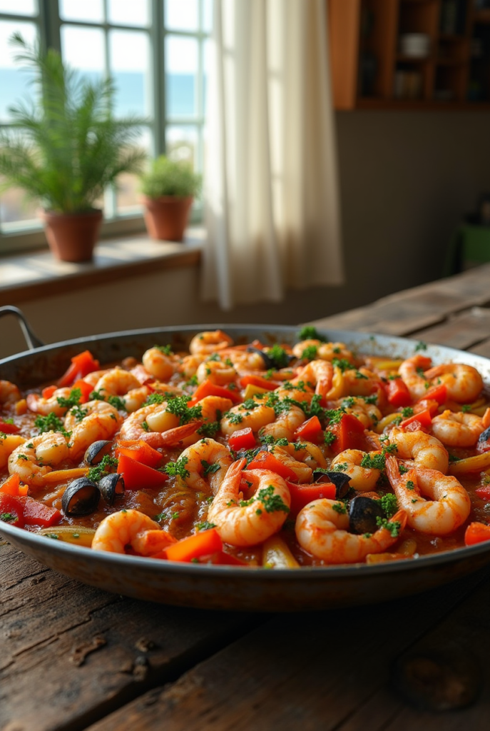 Poêlée espagnole aux fruits de mer, avec moules, crevettes et calamars, dans une poêle colorée.