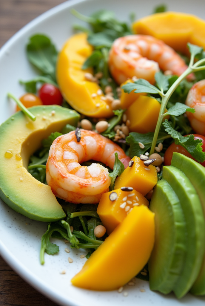 Bol de salade colorée avec avocat, mangue, crevettes et feuilles de coriandre.