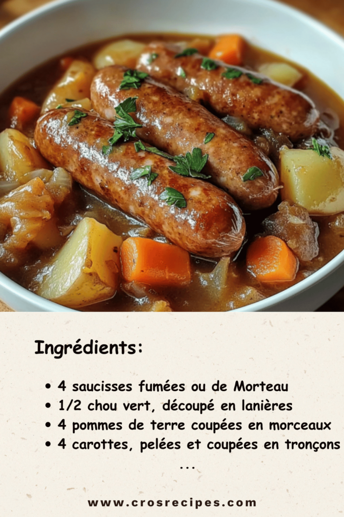 Potée aux saucisses et légumes dans une cocotte fumante, garnie de persil frais, accompagnée de pain rustique.