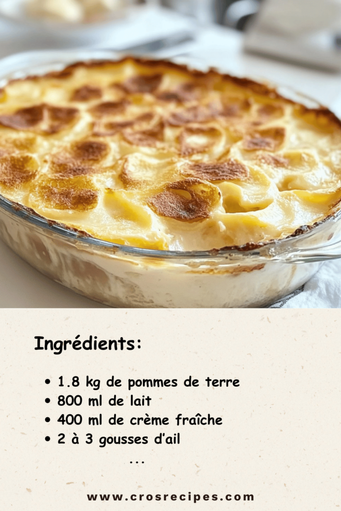 Plat de gratin dauphinois traditionnel doré et prêt à être servi, garni d’une fine croûte dorée.