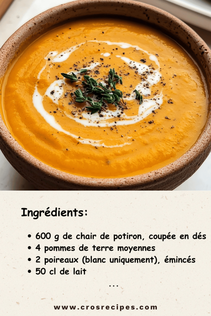 Bol de velouté de potiron doré avec une cuillère de crème fraîche et des graines de courge sur le dessus.