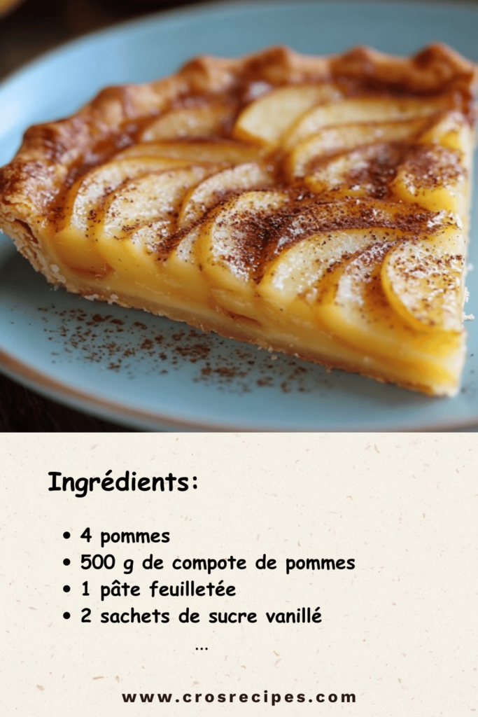 Tarte aux pommes dorée et croustillante avec tranches fines en rosace.