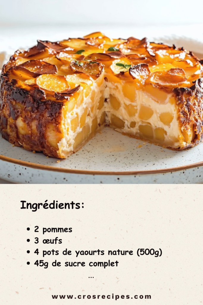 Flan au yaourt et aux pommes doré avec des morceaux de pommes et des amandes effilées.