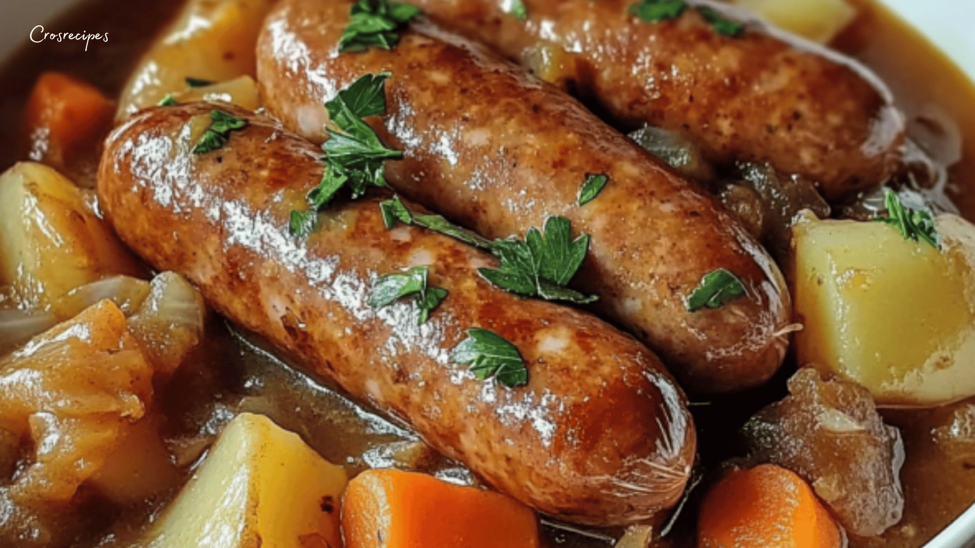 Potée aux saucisses et légumes dans une cocotte fumante, garnie de persil frais, accompagnée de pain rustique.