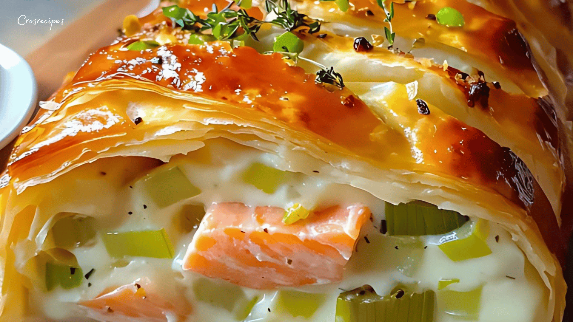 Feuilleté doré au saumon et poireaux sur une assiette, décoré de brins de ciboulette et accompagné d’une salade fraîche.