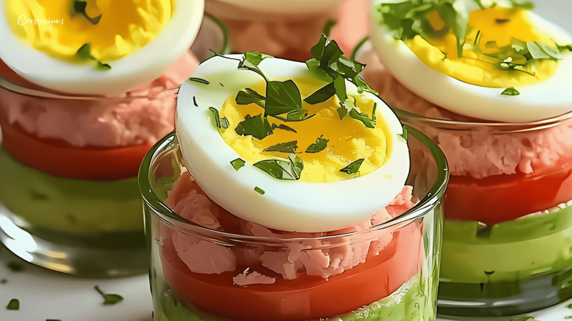 Verrines avocat thon tomates œuf joliment présentées avec une garniture de ciboulette fraîche et une cuillère prête à servir.