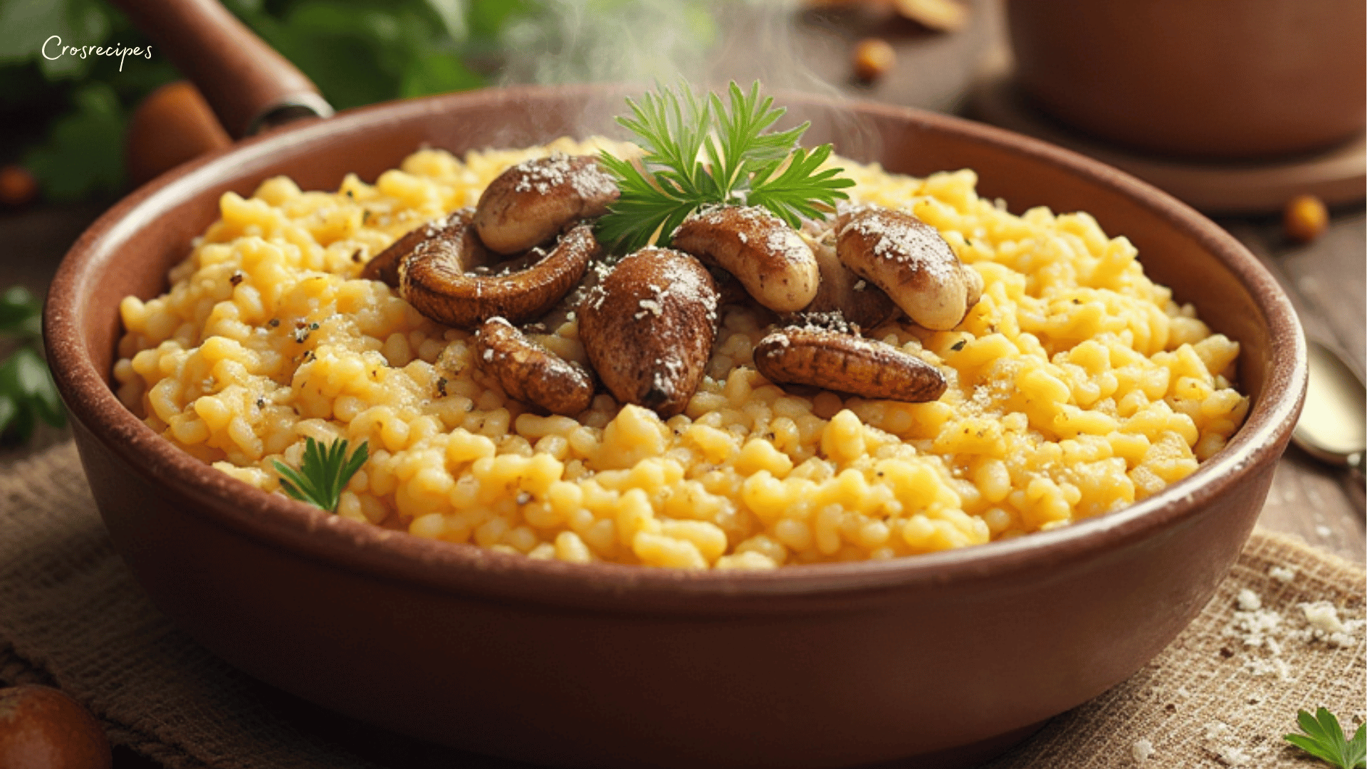 Bol de risotto aux cèpes crémeux avec des copeaux de parmesan et des brins de persil frais.