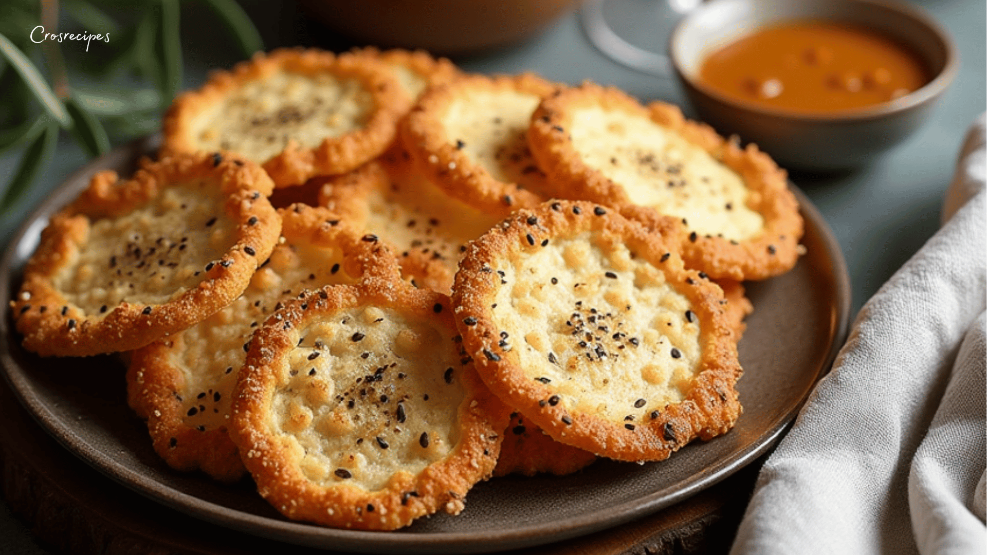 Tuiles salées dorées au parmesan et aux graines variées sur une planche apéritive.