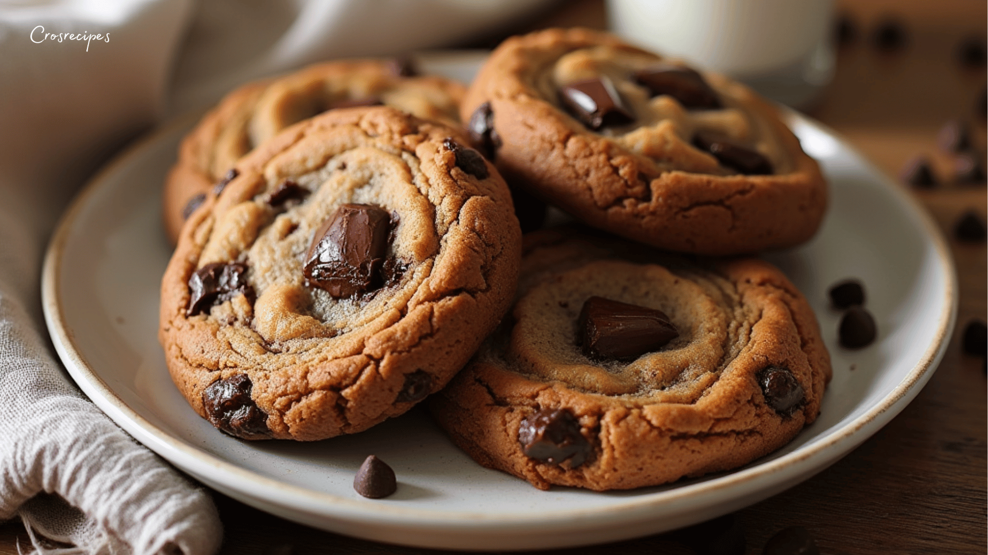 Assiette de cookies au chocolat dorés avec des pépites fondantes.