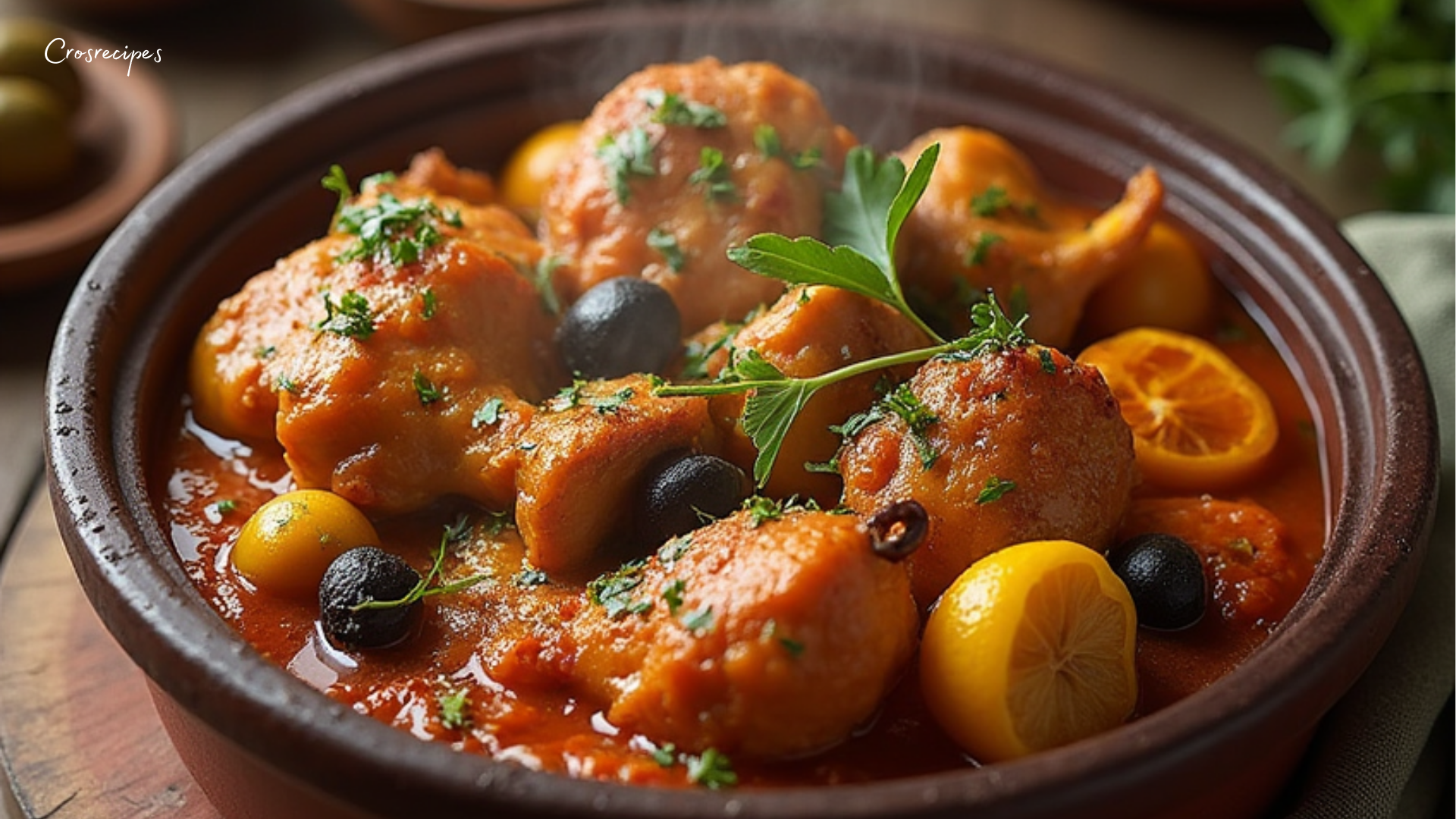 Tajine de poulet doré aux épices avec carottes et fruits secs dans un plat en terre cuite.