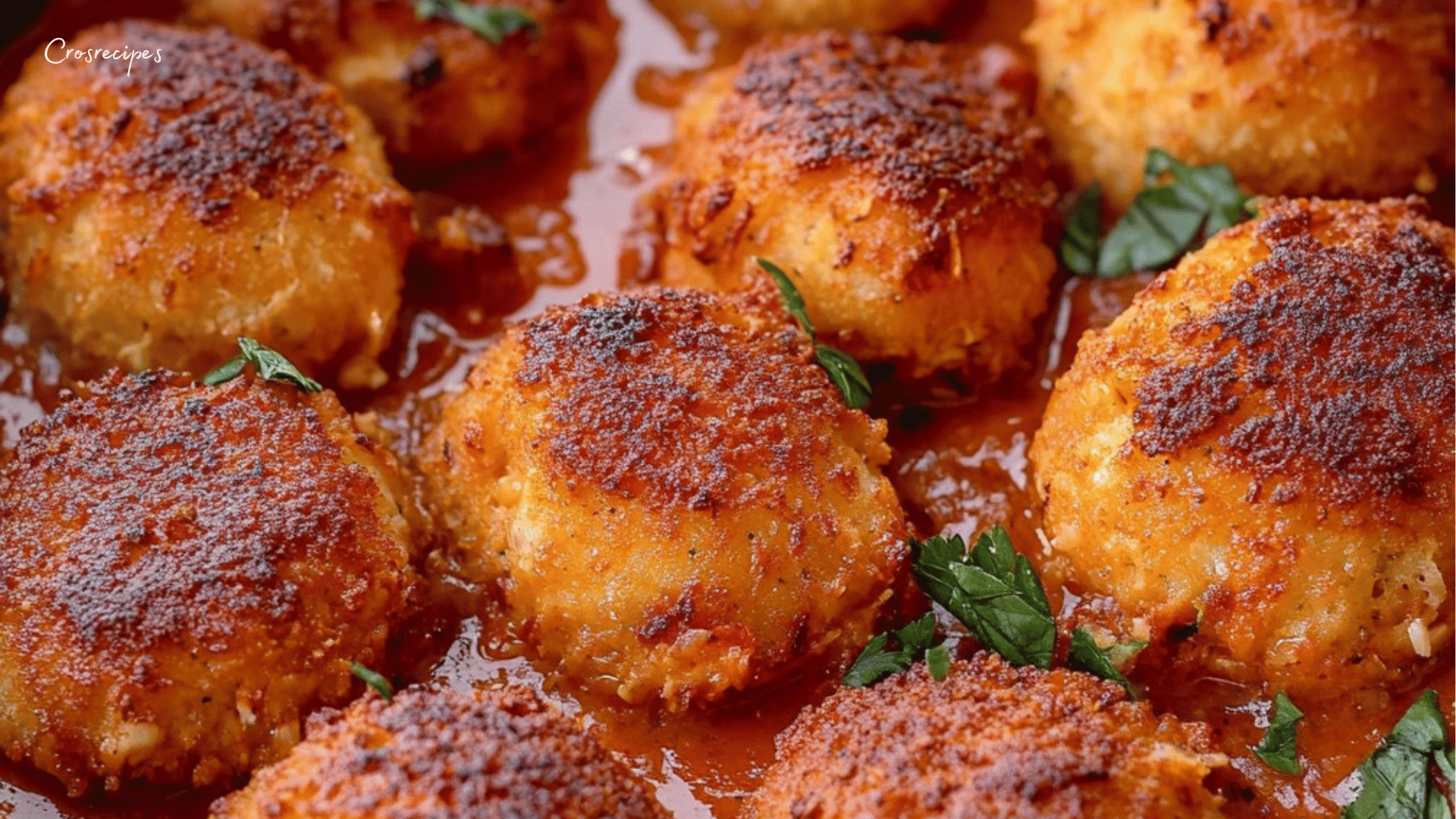 Croquettes de cabillaud dorées nappées de sauce tomate épicée avec menthe fraîche.