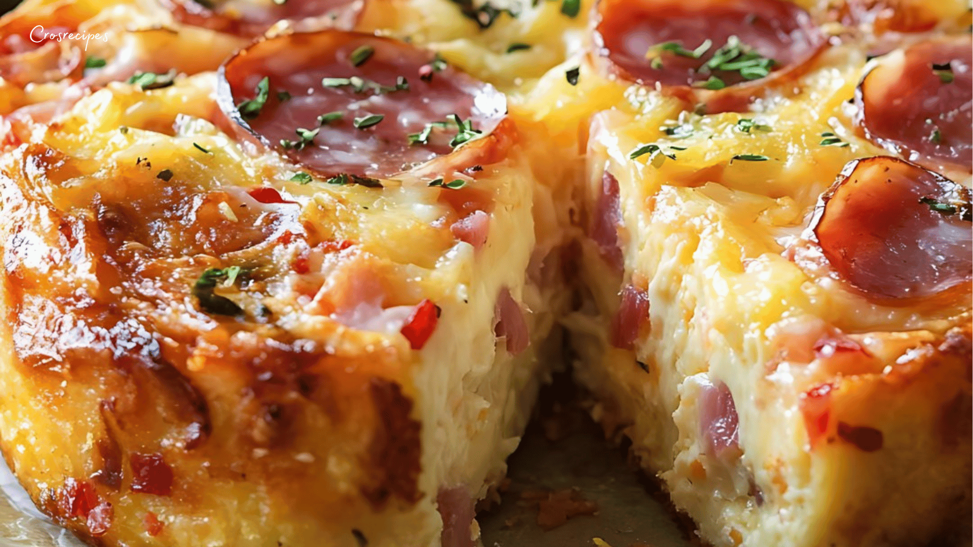 Tranches de cake salé jambon fromage moelleux sur une planche en bois, décorées de tomates cerises et d’herbes fraîches.