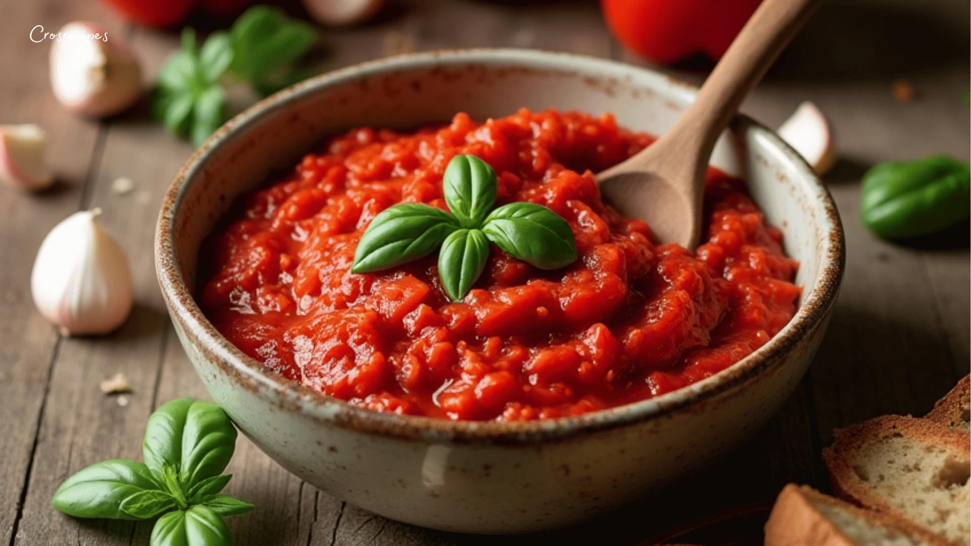 Tartinade de poivrons rouges servie avec du pain grillé.