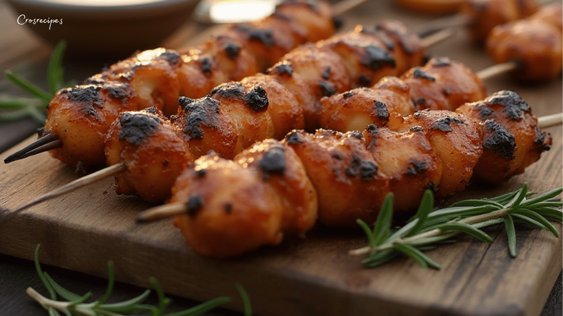 Brochettes de poulet marinées à la bière et au miel grillées avec une garniture de coriandre.