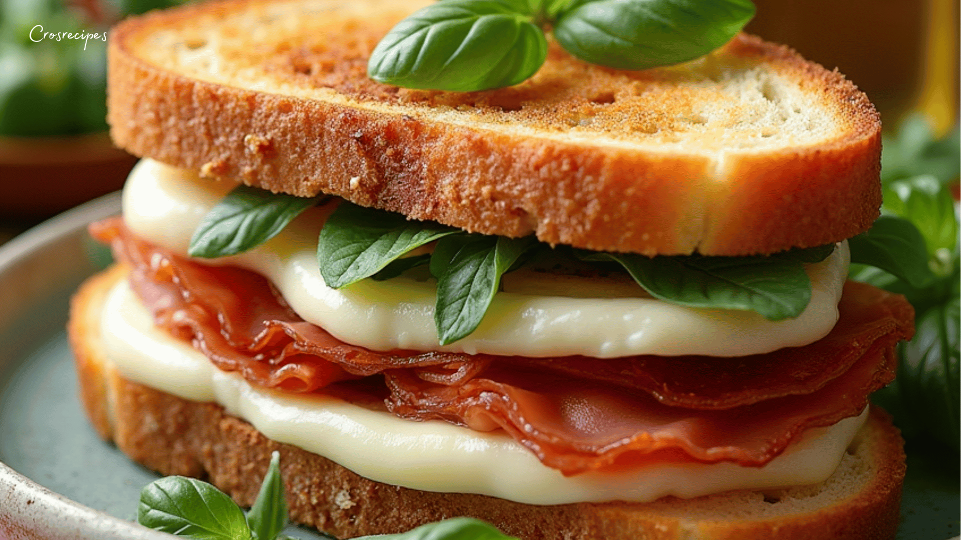 Croque-monsieur à l’italienne doré et fondant avec mozzarella, pesto, jambon cru et tomates fraîches.