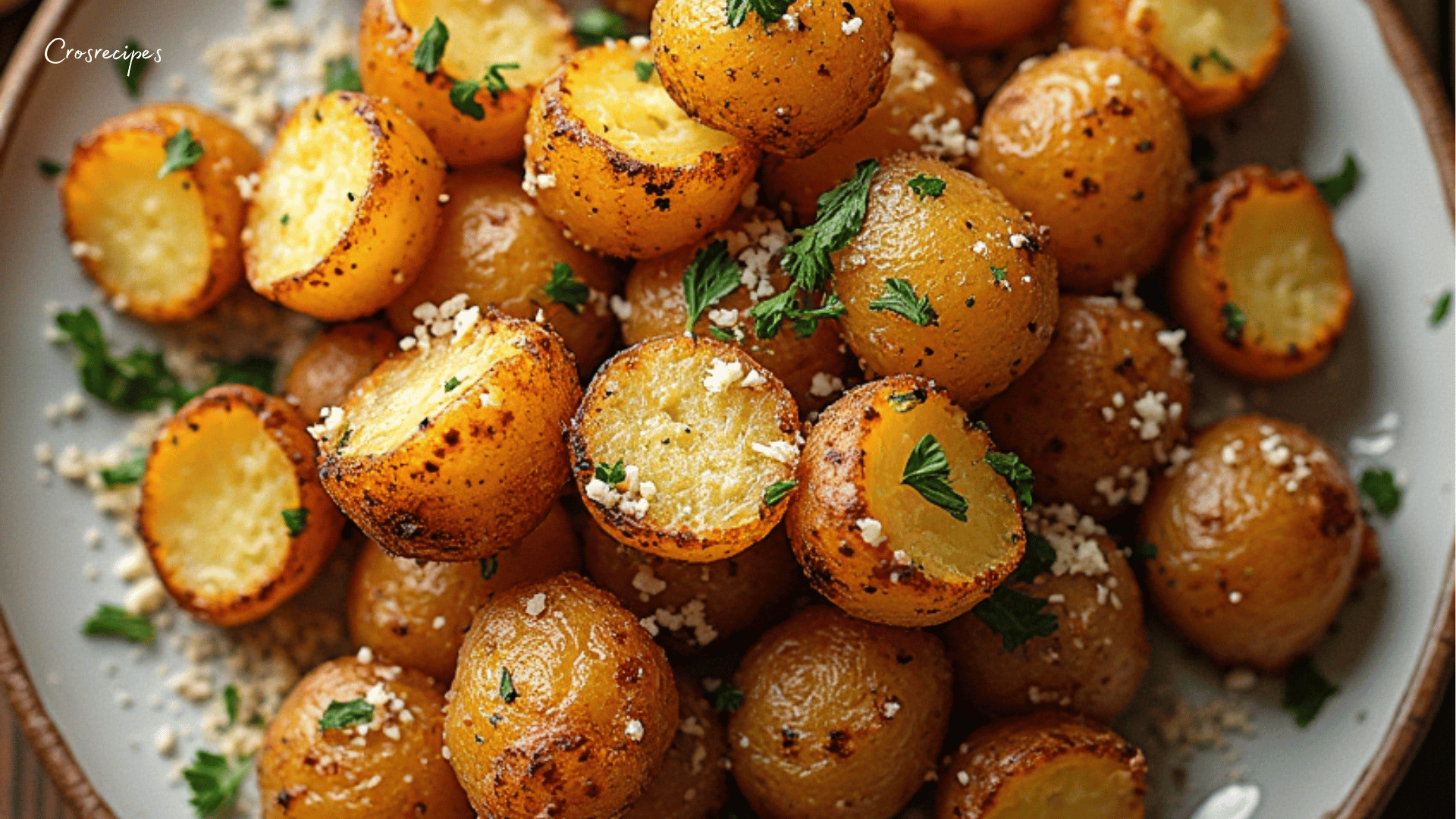 Pommes de terre à l'ail et au parmesan dorées et garnies de persil frais.