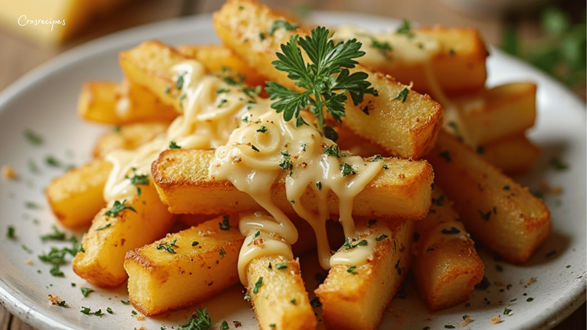 Bâtonnets de pommes de terre et fromage croustillants et dorés.