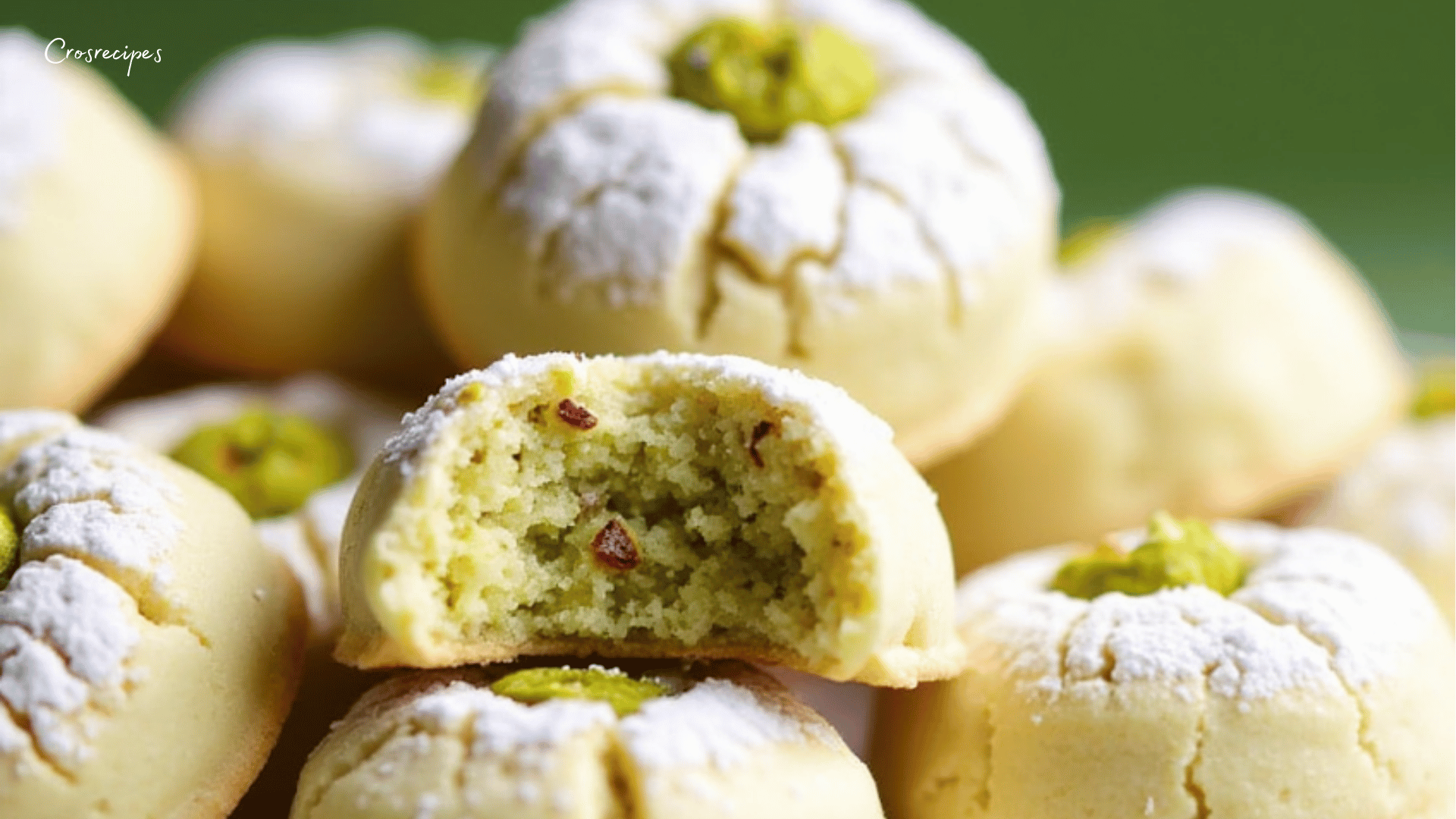 Amarettis moelleux à la pistache saupoudrés de sucre glace, décorés de pistaches entières.