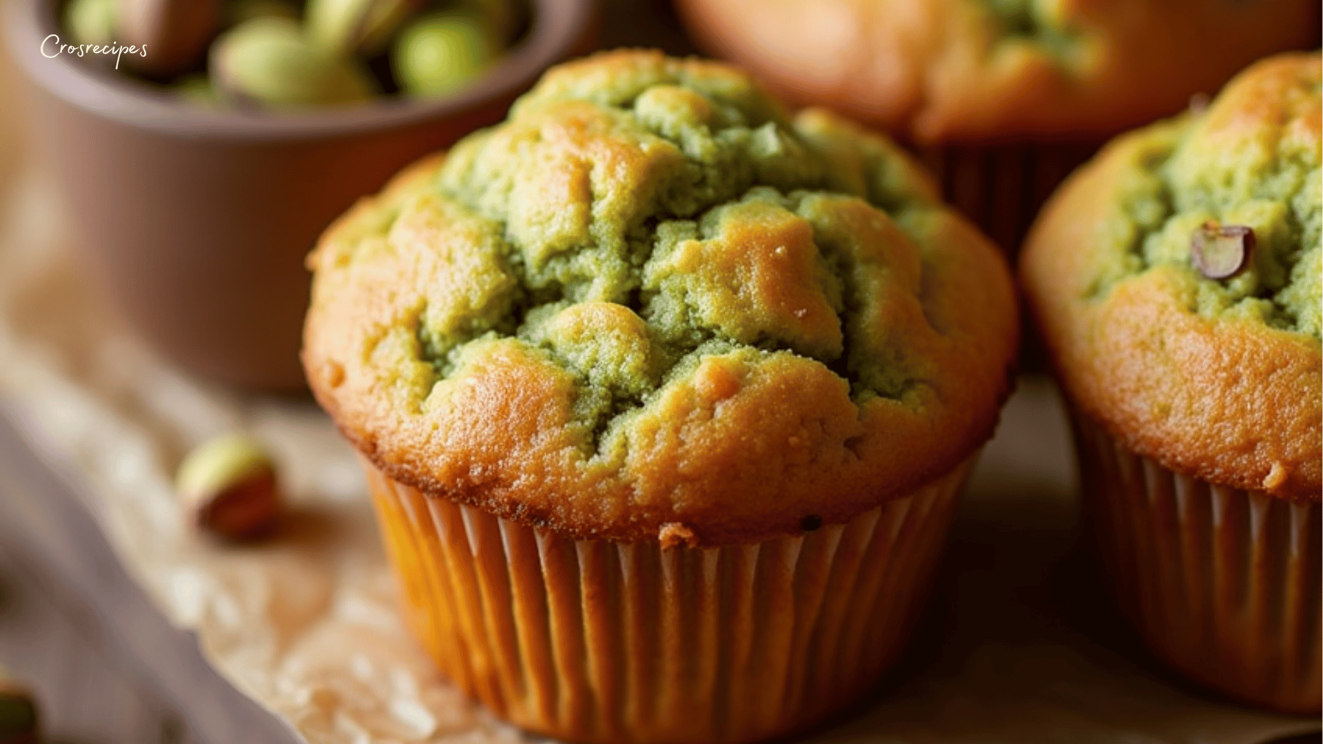 Muffins croquants à la pistache dorés, garnis de pistaches hachées et de sucre croquant sur le dessus.